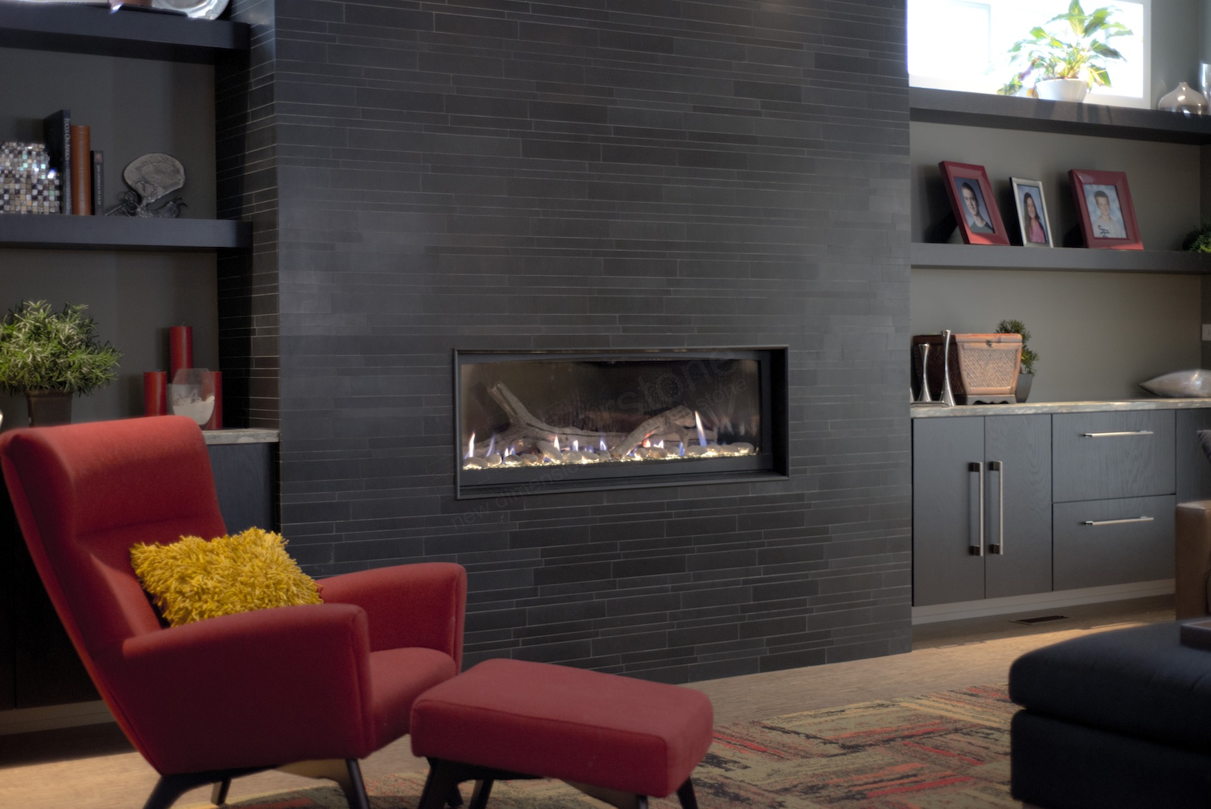 Modern Designed Living Room with Large Black Stone Tile Fireplace